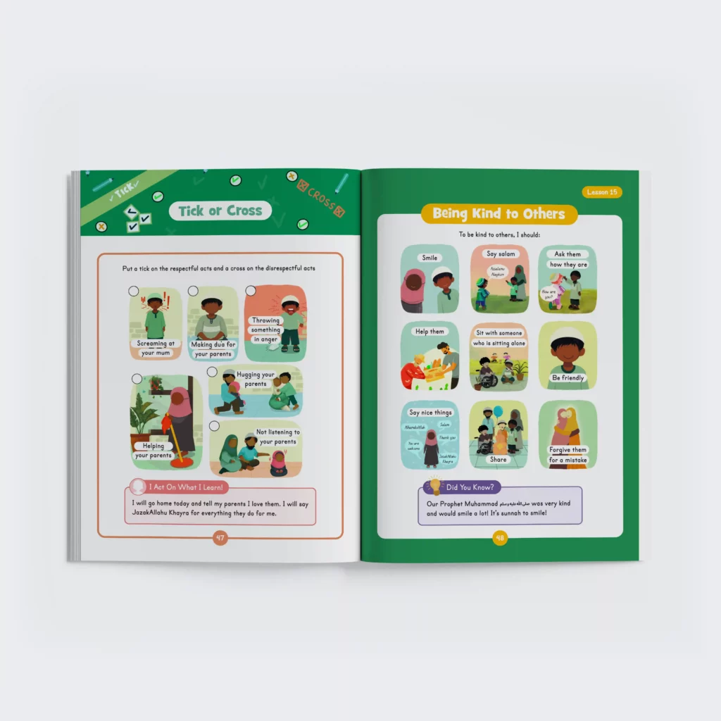 A two page spread from Adab and Akhlaq Level 1 book