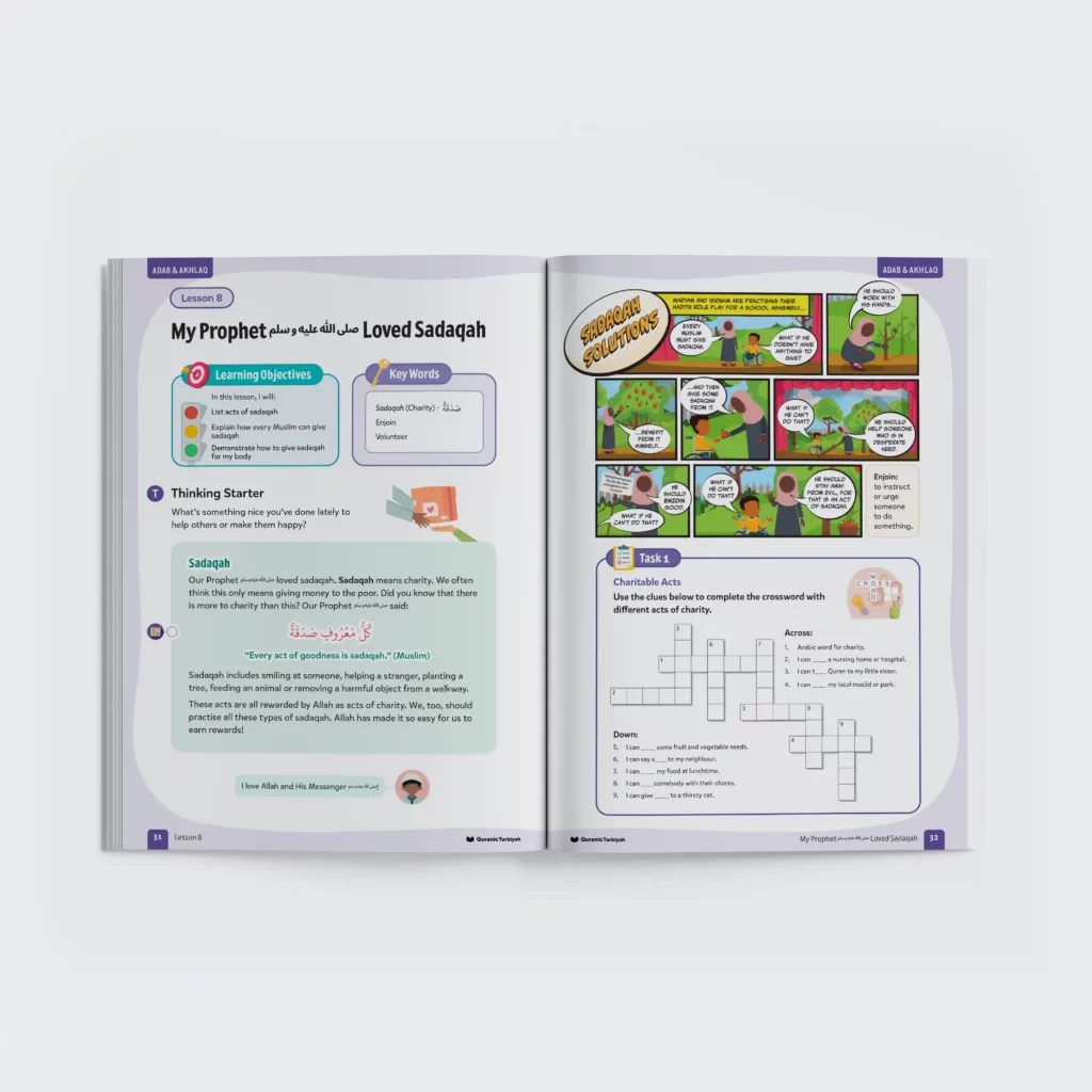 a two page spread from adab and akhlaq level 3 book