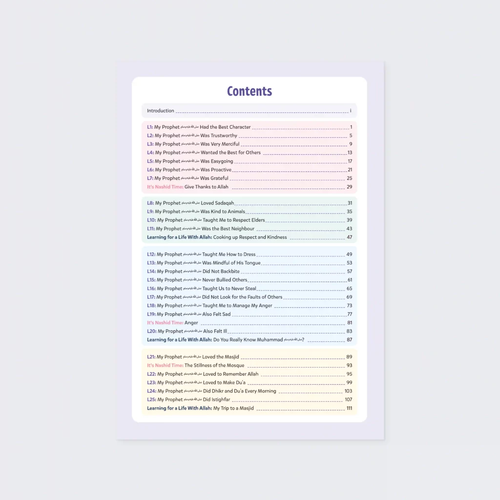 Table of contents from Adab and Akhlaq Level 3