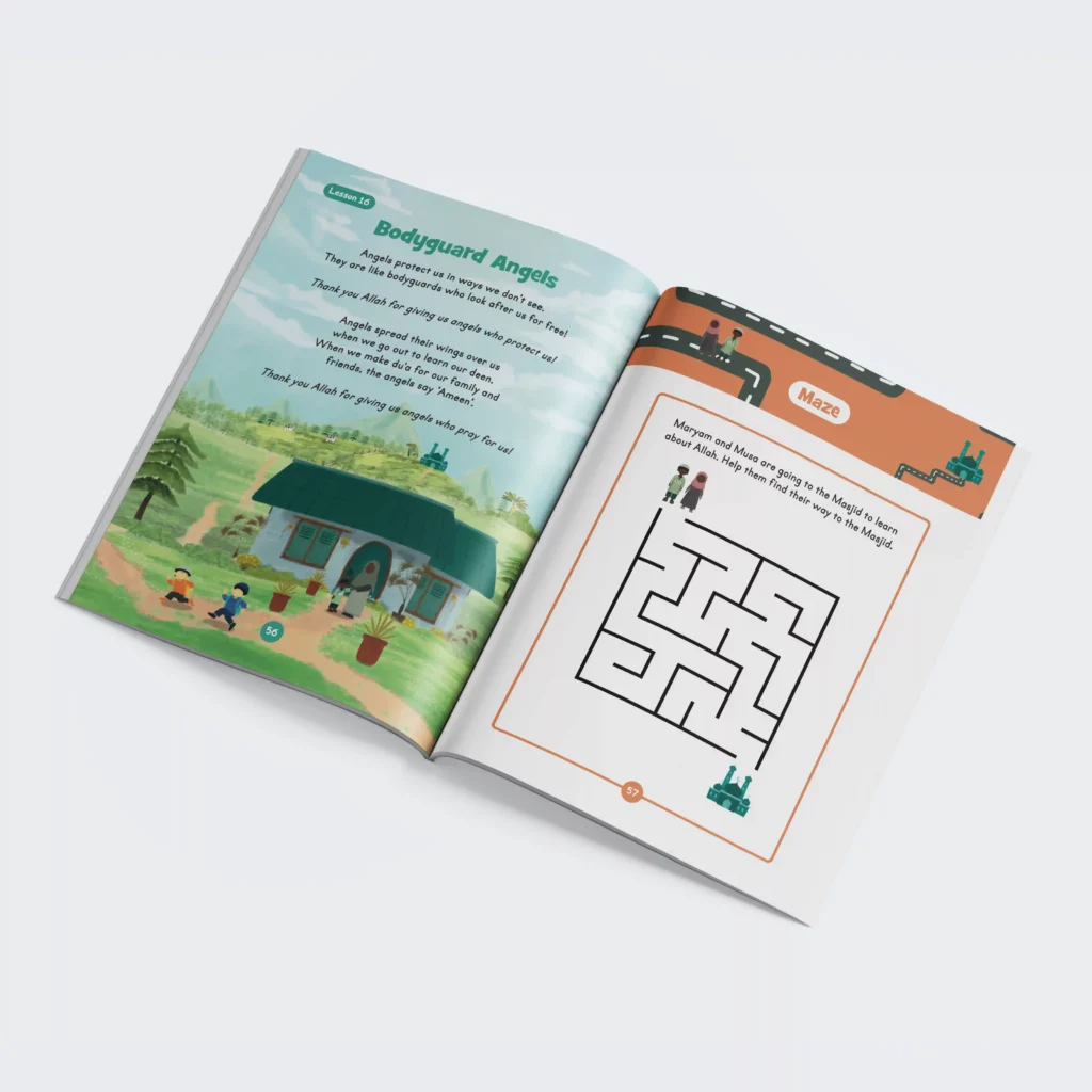 A two page spread from Iman and Tazkiyah Level 1 Islamic Studies book for children