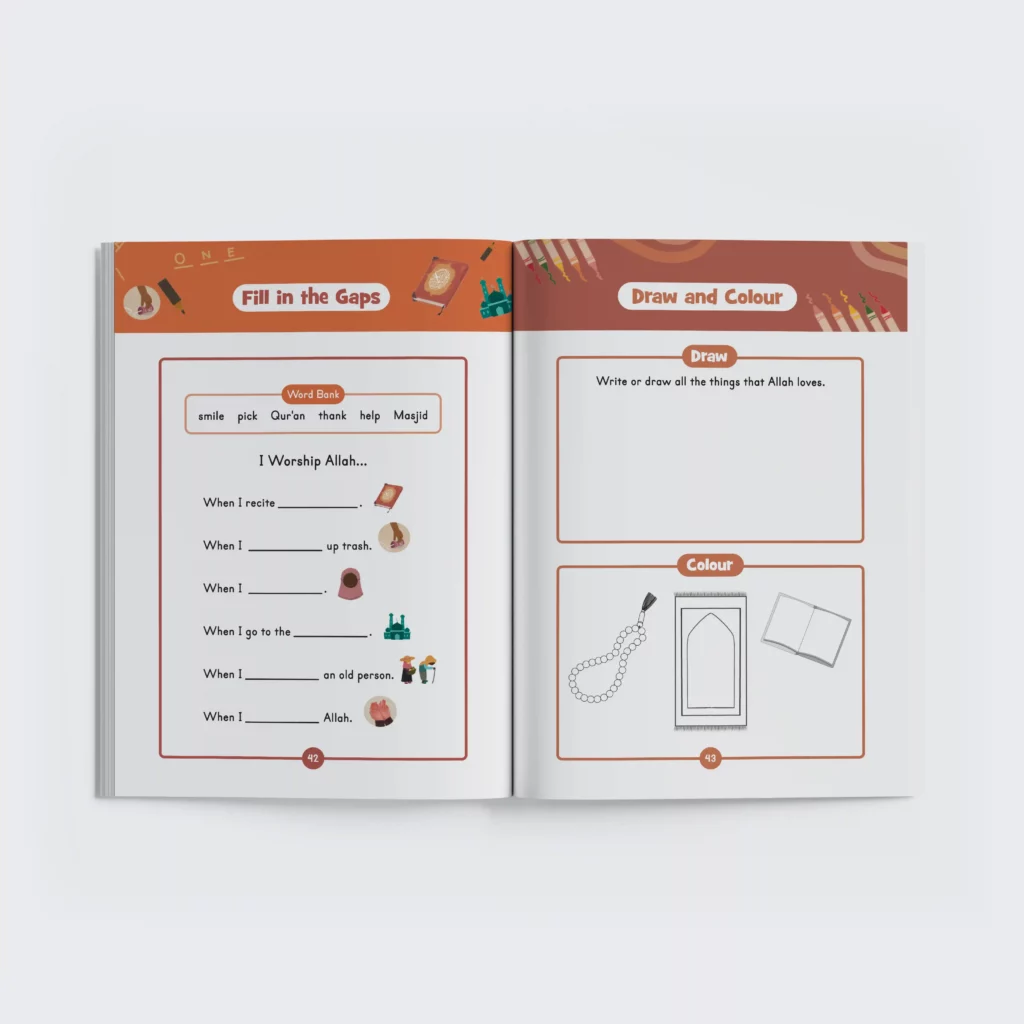 A two page spread from Iman and Tazkiyah Level 1 book