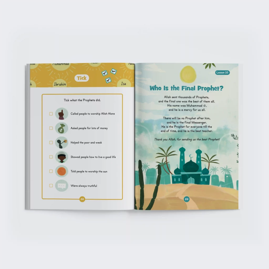 A two page spread from Iman and Tazkiyah Level 1 book