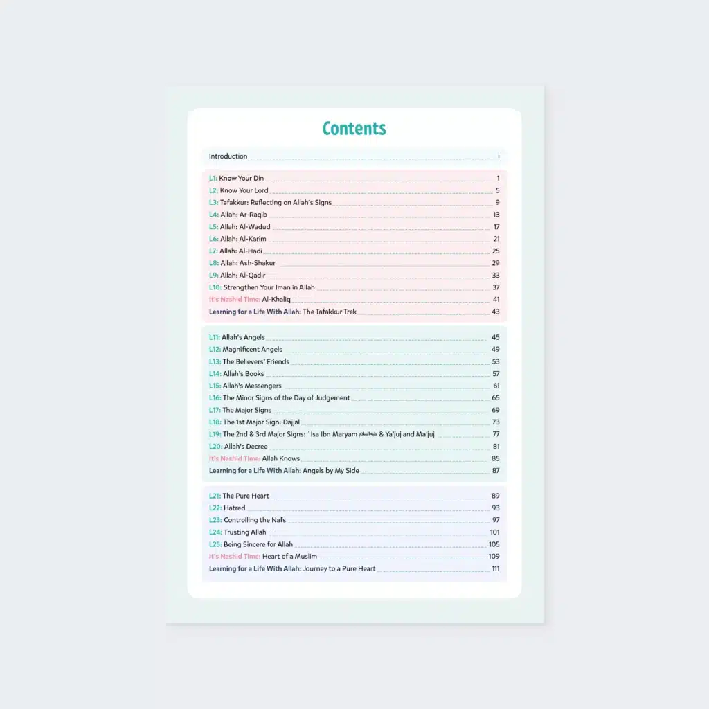 Table of contents from Iman & Tazkiyah Level 4 Islamic Studies book for children