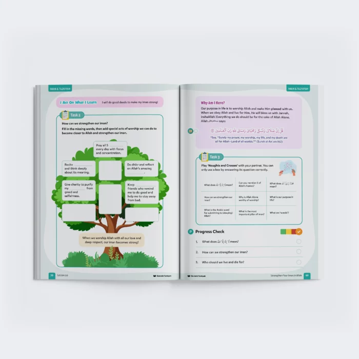 A two page spread of a lesson from Iman & Tazkiyah Level 4 Islamic Studies book for children