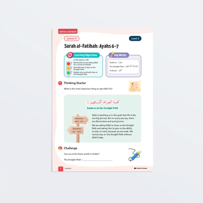 Surah al-Fatihah: Ayahs 6-7 lesson page with Arabic text and learning objectives for young Muslim learners