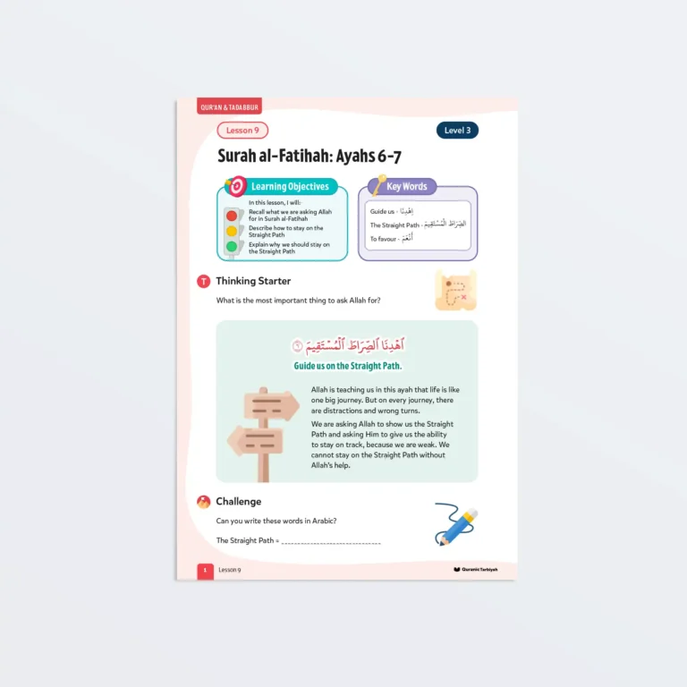 Surah al-Fatihah: Ayahs 6-7 lesson page with Arabic text and learning objectives for young Muslim learners