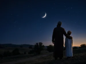 Boy father night looking at moon - Quranic Tarbiyah