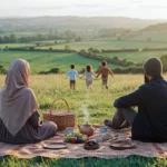 Muslim family picnic in the countryside, Islamic summer activities for kids and families