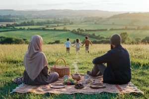 Muslim family picnic in the countryside, Islamic summer activities for kids and families