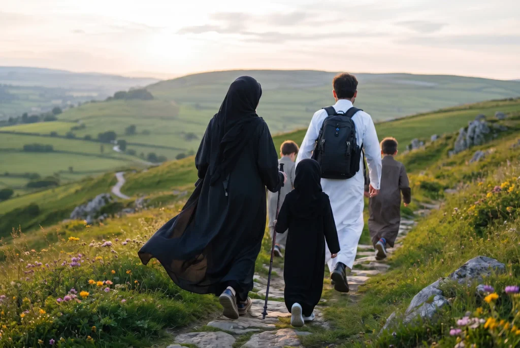 Muslim family in Islamic attire hiking a hillside trail in the British countryside at golden hour